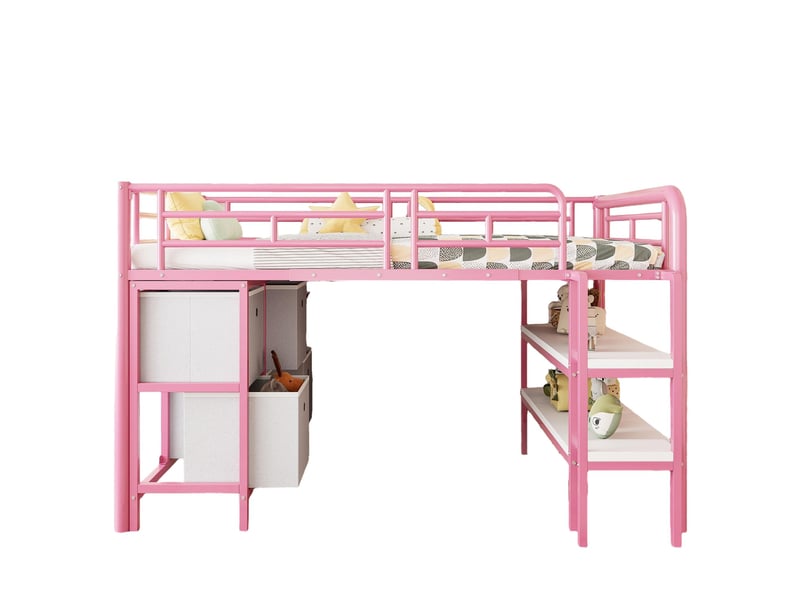 Lit mezzanine enfant 90x200 cm basse hauteur tiroirs rangements marches larges coins arrondis métal rose sans matelas - Conforama A