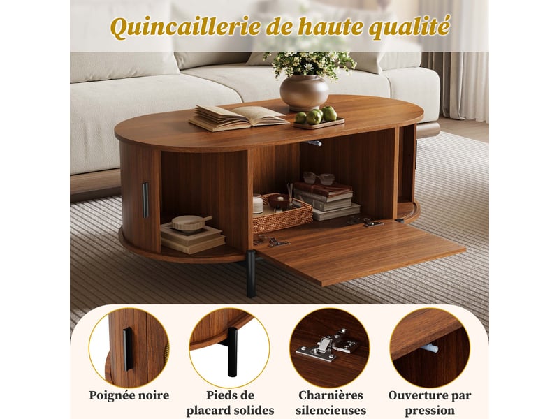 Table basse ovale en rotin, portes coulissantes, aspect bois, pieds en métal, table de salon multifonctionnelle avec espace de rangement - Conforama E