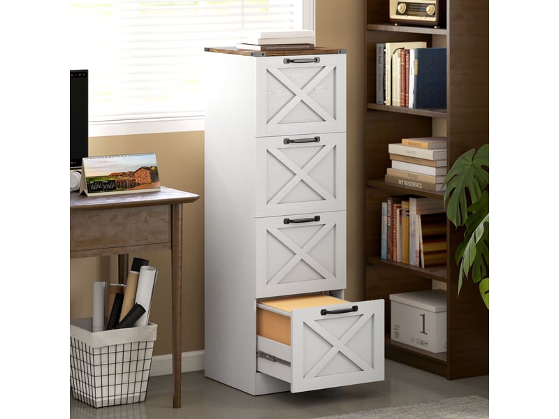  Caisson de bureau avec 4 tiroirs, dossiers suspendus pour formats lettrea4, style rustique, 40x40x131cm, blanc  - Conforama A