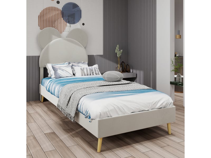 Lit enfant 140x200 cm, tête de lit dessin animé, sommier à lattes, en velours, beige, sans matelas - Conforama B