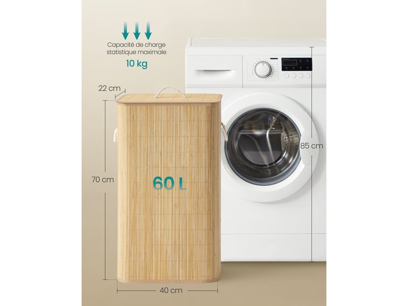  Panier à linge pliable rectangulaire 40 x 22 x 70 cm avec couvercle et poignées style naturel en bambou 12_0012218  - Conforama B
