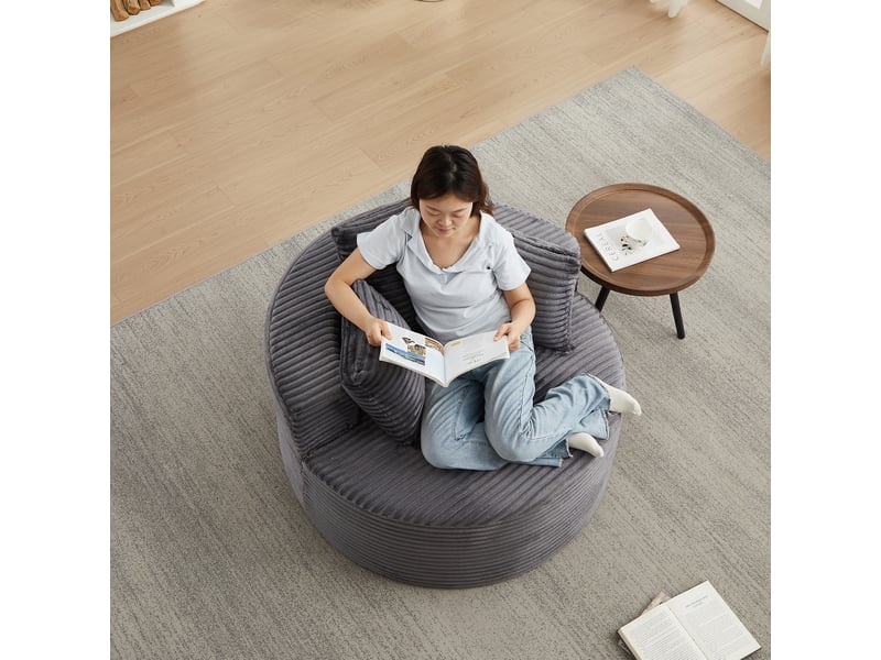  Fauteuil rond en velours côtelé gris, fauteuil lounge individuel de 110 cm avec trois coussins, accoudoirs larges et design moderne  - Conforama R