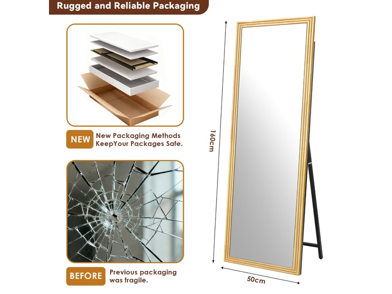 Miroir sur pied 160x50 cm avec cadre en bois marron et support métallique réglable - Conforama C