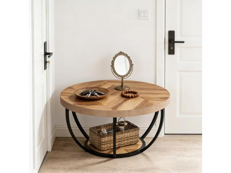  Table basse ronde à 2 niveaux en bois et métal pour salon avec structure à 6 arcs couleur bois  - Conforama C