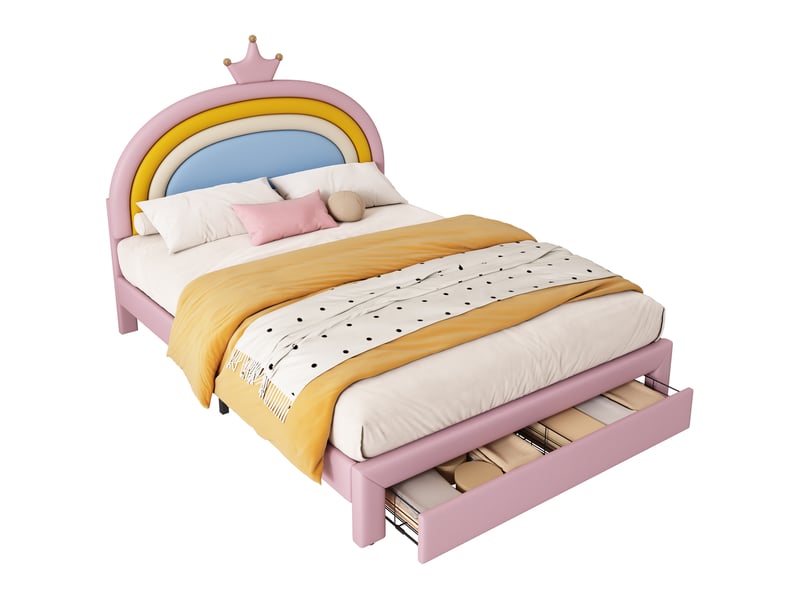  Lit enfant 140x200 cm avec tiroir au pied, lit rembourré avec tête arc-en-ciel couronne réglable sur 2 hauteurs, jusqu’à 150 kg, revêtement pu, rose OPULERANE TRADING LTD - Conforama A