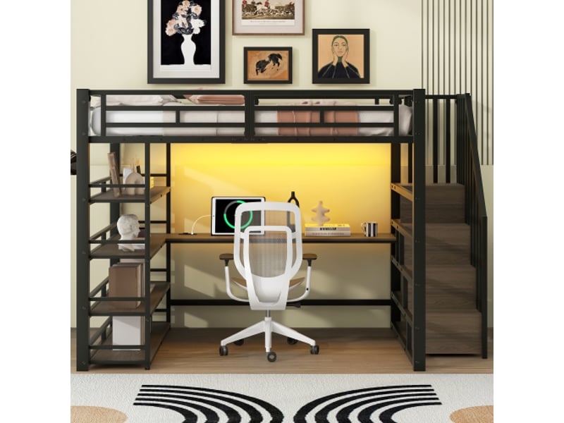  Lit mezzanine 140x200cm coloris noir led métal lit enfant noir - Conforama B