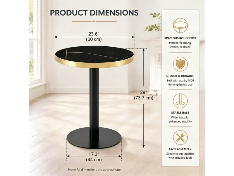 Table basse ronde avec plateau effet marbre et bord doré, piètement métallique stable, pour salon et chambre - Conforama D