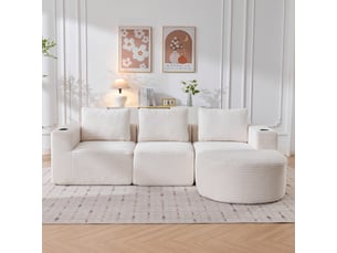 Canapé 2 places velours côtelé beige avec porte-gobelets 265 cm - compact et assise moelleuse