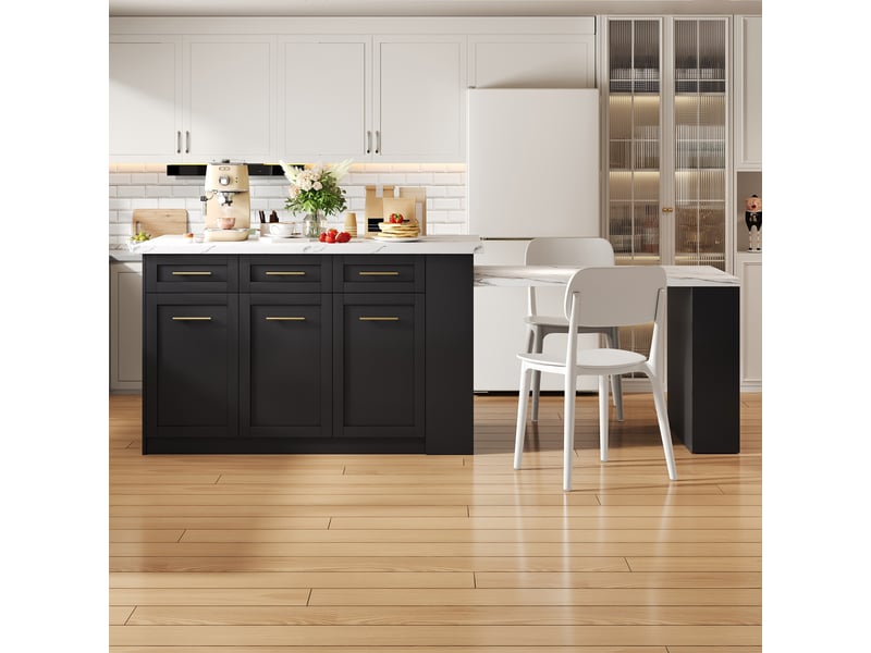  Îlot de cuisine avec table escamotable, îlot central noir et blanc en mdf, plateau effet marbre blanc, rangements intégrés, 150x90x90 cm  - Conforama D