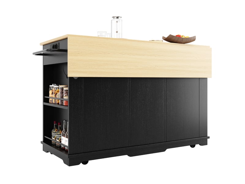  Îlot de cuisine noir et bois avec prises électriques, chariot de cuisine pliable avec rangement, 151.5x84.7x91.7 cm  - Conforama R
