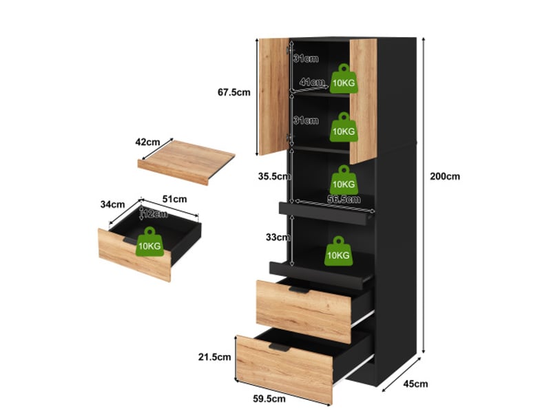  Buffet haut multifonction 59,5x45x200 cm avec portes et tiroirs en mdf couleur noir et bois clair, design multifonctionnel  - Conforama C