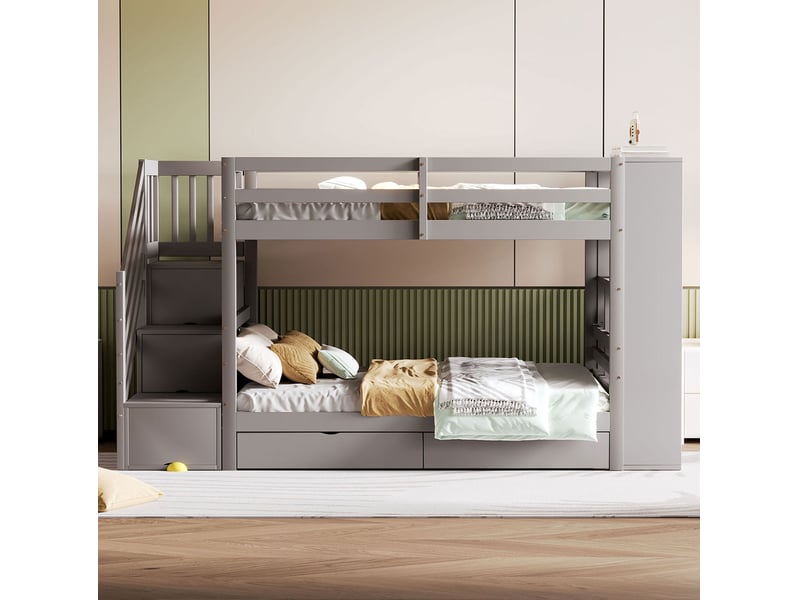  Lit superposé, 90x200 cm, avec escalier de sécurité, solutions de rangement, matelas non inclus, bois, coloris gris  - Conforama D