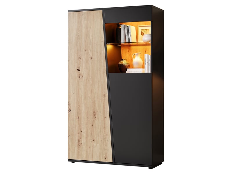  Vitrine 80x35x139,5 cm noire et bois avec led, porte vitrée et rangements multiples  - Conforama E