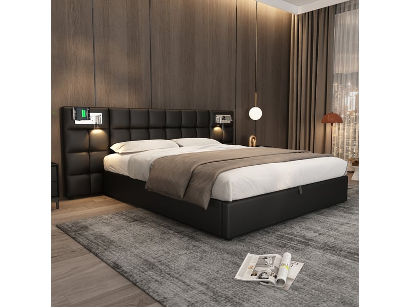 Lit coffre tcqpz 180 x 200 cm avec usb, recharge sans fil, lampe intégrée, rangement, pu noir - Conforama D