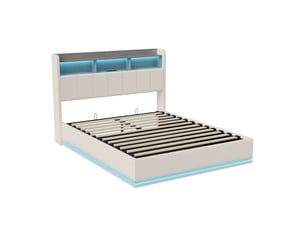 Lit coffre 2 places 140x200 cm, lit adulte avec rangement, 3 compartiments en tête de lit, led, velours beige