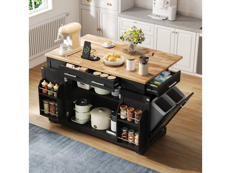  Îlot de cuisine 138 cm noir et aspect bois avec plan de travail rabattable, roulettes et prise électrique intégrée  - Conforama C