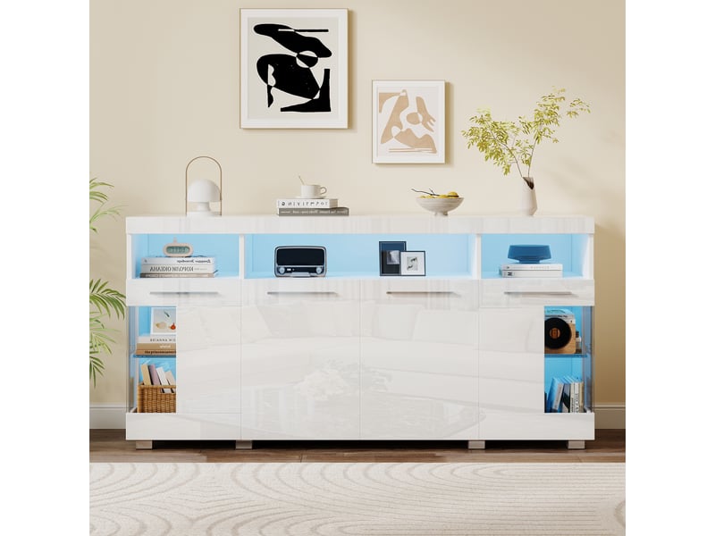  Buffet de salon blanc brillant avec éclairage led intégré, portes en verre trempé et rangement 140 x 40 x 70 cm  - Conforama D