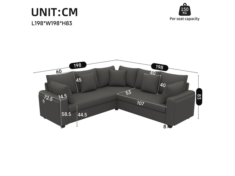  Canapé d’angle 5 places 198x198x83 cm led et ports usbusb-c bois gris  - Conforama E