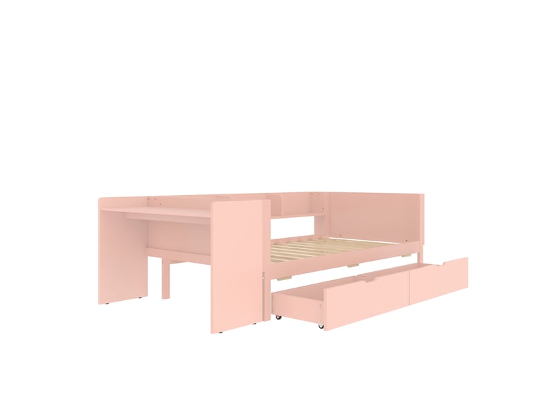 Lit enfant rose 90x200 cm en bois, bureau, 2 tiroirs et étagères intégrés - Conforama D