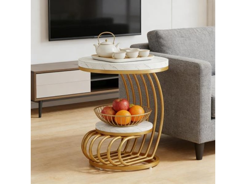  Table basse ronde à 2 niveaux ouverte en marbre imitation et métal doré pour salon chambre 50 × 50 × 63 cm  - Conforama B