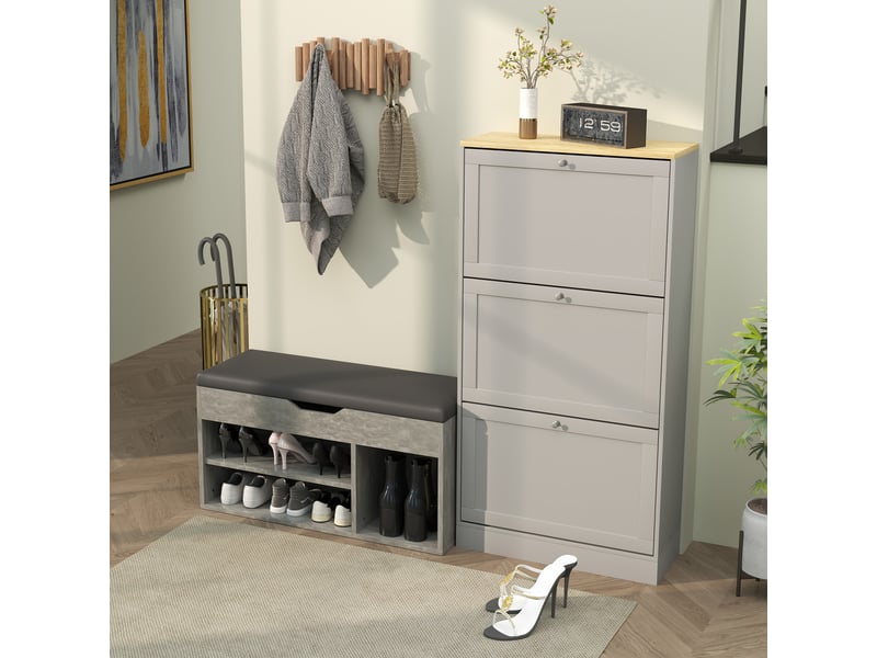  Étagère à chaussures rembourrée gain de place avec 3 étagères ouvertes et un espace de rangement dissimulé, en bois, 80 x 30 x 45 cm, noir et gris  - Conforama D