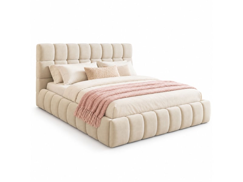  Lit rembourré 140x190 cm - tête de lit et contours capitonnés, sommier à lattes - revêtement velours beige  - Conforama A
