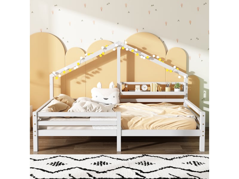  Lit cabane enfant blanc, 90x200 cm, avec étagère de rangement en forme de cheminée  - Conforama E