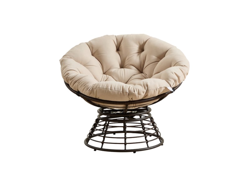 Fauteuil papasan rotatif 360° en résine tressée beige et marron, coussin épais, pour intérieur ou extérieur - Conforama A