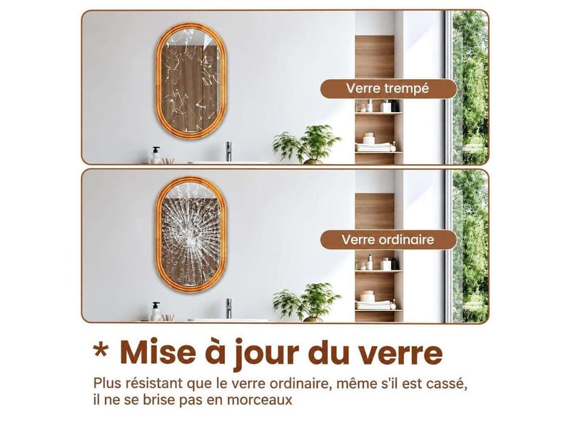  Miroir de salle de bain ovale 50x80cm verre trempé hd étanche – bois naturel  - Conforama B