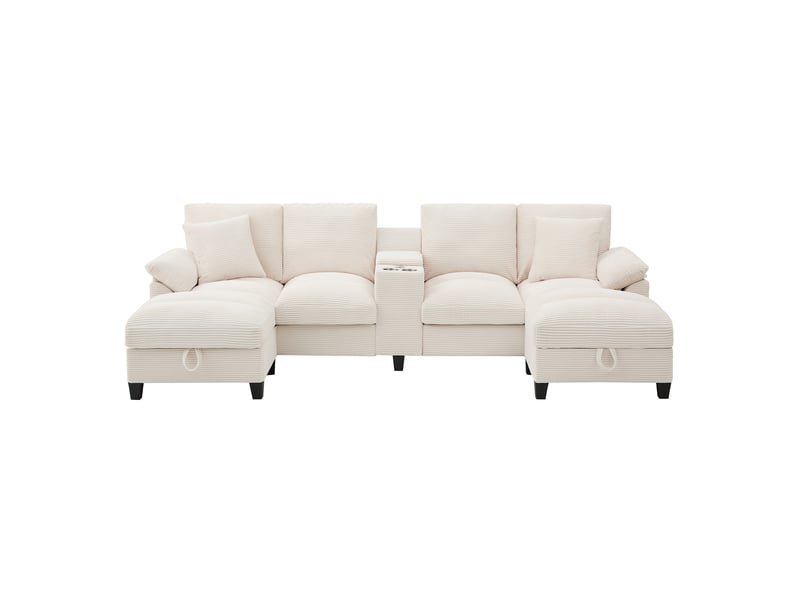 Canapé modulable en u modenvie 4 places avec rangement, usb et porte-gobelets en acier inoxydable, velours côtelé beige 293 x 142 x 93 cm - Conforama A
