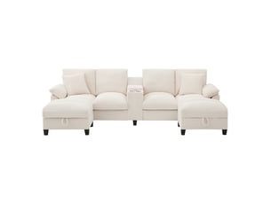 Canapé modulable en u modenvie 4 places avec rangement, usb et porte-gobelets en acier inoxydable, velours côtelé beige 293 x 142 x 93 cm