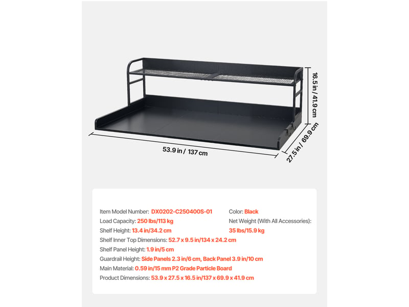  Vevor plan de travail pour lave-linge et sèche-linge 137x69,9 cm avec étagère et 2 crochets, noir DX0202-C250400S-01 - Conforama C