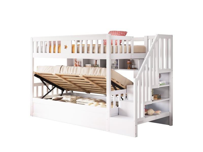  Lit superposé enfant 90x200 cm – blanc – rangement hydraulique, escalier et étagères – sans matelas  - Conforama A