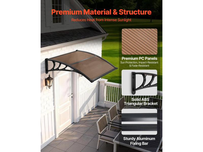  Vevor auvent de porte deentree 96,5x101,7 cm marquise de porte exterieur polycarbonate pour fenetres de porches balcons, protection contre pluie, neige, soleil, avec drainage, support en abs, marron  - Conforama D