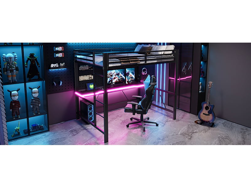 Lit mezzanine gaming métal 140x200 éclairage led station recharge usb bureau noir - Conforama E