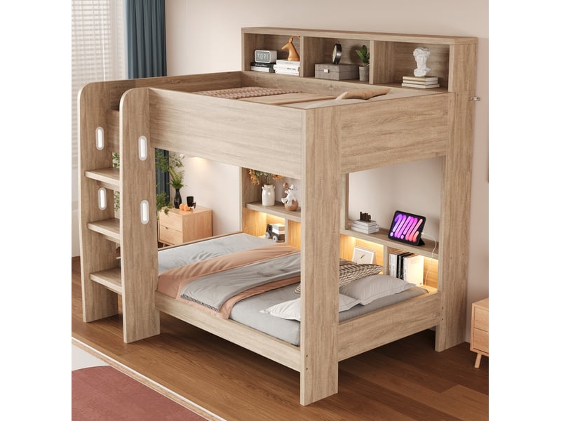  Lit superposé 90x200 cm avec rangements, led et prises, coloris bois naturel, sans matelas  - Conforama W