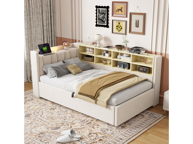  Canapé-lit avec rangement 90 x 200 cm – avec éclairage – avec ports de charge usb et type-c – avec compartiments de rangement – ​​beige (matelas non inclus)  - Conforama D