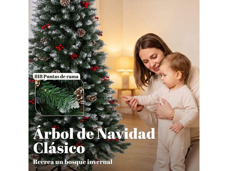  Sapin de noël snowy pencil de 210 cm avec 818 branches, baies rouges, pommes de pin, base métallique pliable, ouverture automatique, vert  - Conforama E
