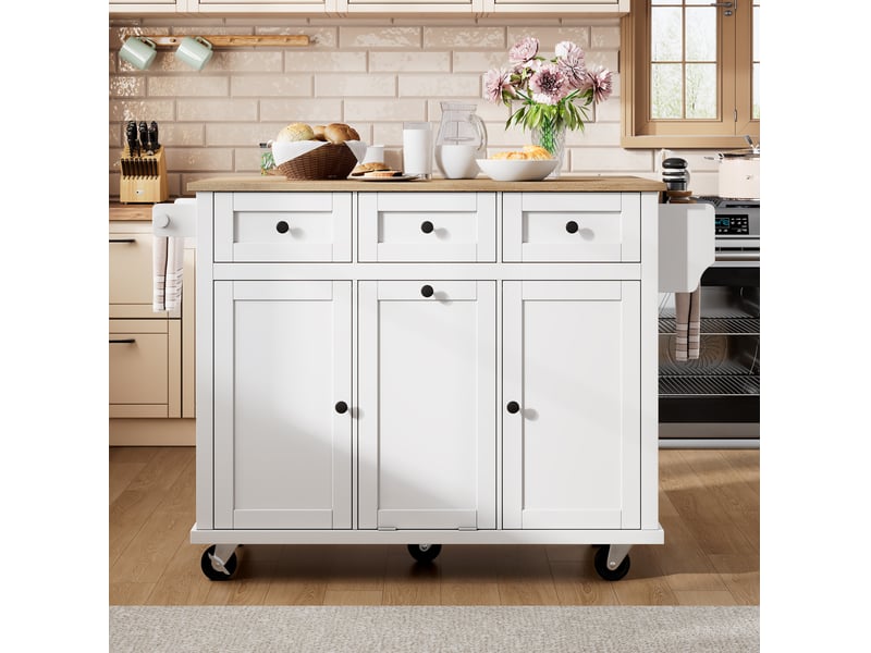  Îlot de cuisine mobile 131,2 x 46,2 cm – blanc et naturel – plateau extensible et rangements optimisés  - Conforama D