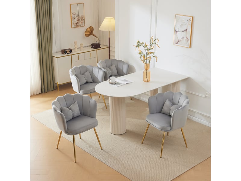  Lot de 4 chaises de salon en velours avec dossier pétale, coussin et pieds métalliques dorés, gris  - Conforama B