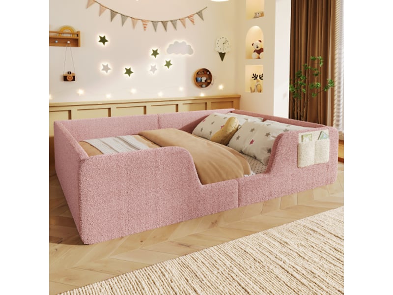  Lit capitonné, 140 x 190 cm, sans matelas, barrières de sécurité amovibles, sac de rangement intégré en velours unique, rose  - Conforama B