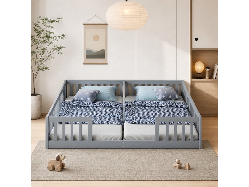  Lit enfant 2 couchages au sol 90 x 200 cm avec barrières et sommiers à lattes, pin et mdf, gris, sans matelas  - Conforama B