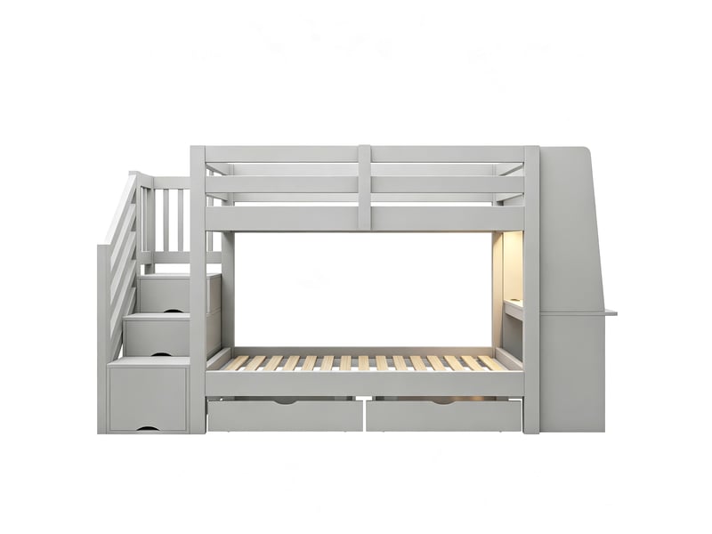 Lit superposé enfant 90×200 cm avec bureau, led, prise et tiroirs, gris - Conforama A