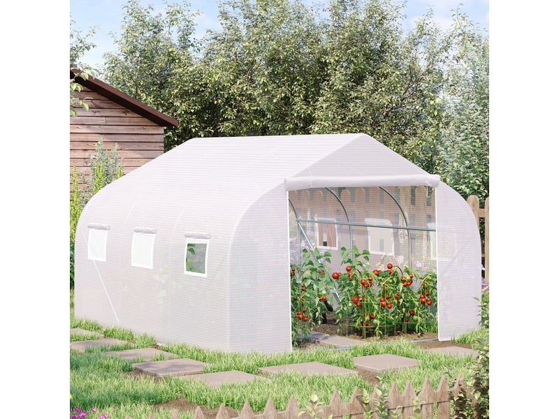  Serre tunnel, 6 fenêtres enroulables, porte zippée, film indéchirable, structure métallique, 3,5 x 3 x 2 m, blanche  - Conforama C