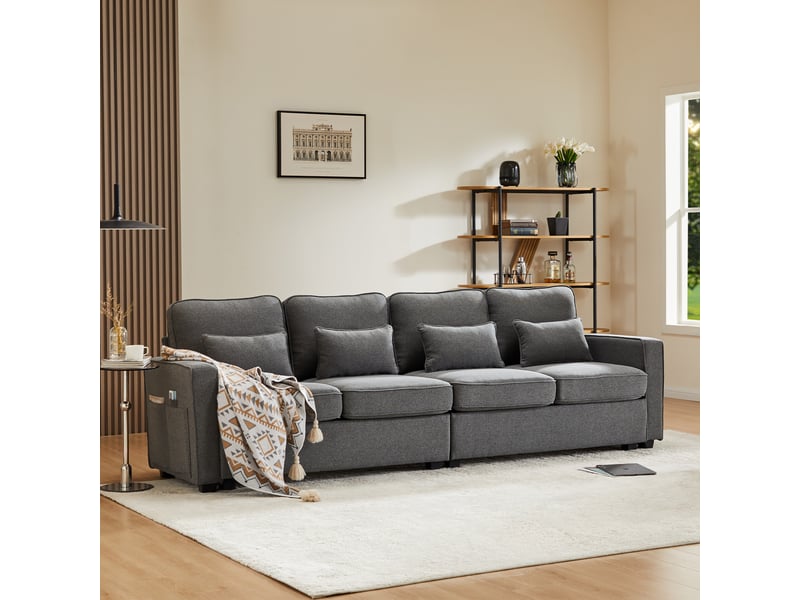  Canapé 4 places 264 x 83 x 87 cm, design moderne épuré, poches sur accoudoirs, 4 coussins, lin, gris Bliss Lite - Conforama E