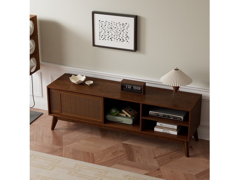  Meuble tv avec 2 portes coulissantes en rotin et niches ouvertes pour salon, en mdf et bois, noyer foncé  - Conforama E