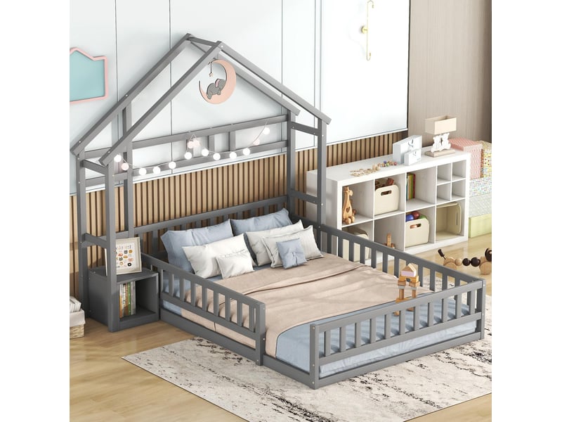  Lit enfant cabane 140x200 cm avec barrières et chevet de rangement gris  - Conforama B