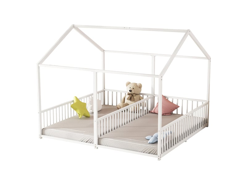 Lit cabane superposé enfant en métal blanc 90x200 cm avec barrière de sécurité et échelle, cadre en fer robuste, sans matelas. - Conforama A