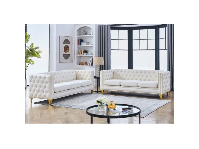  Canapé moderne - canapé en velours de style chelsfield, avec pieds dorés, boutons capitonnés, pour salon, beige, réf. W3349s00170  - Conforama A