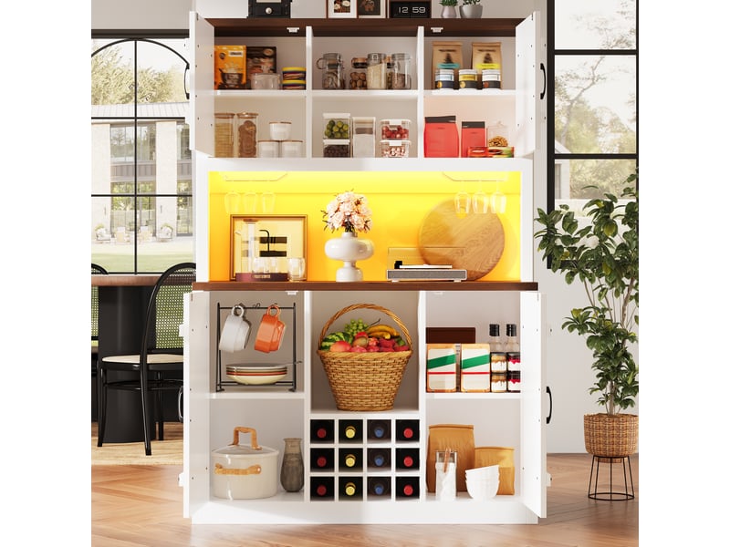 Buffet cuisine 4 portes, 120 x 40 x 180 cm, éclairage led, étagères réglables, espace de travail et range-bouteilles, mdf, blanc Morn Vibe - Conforama D